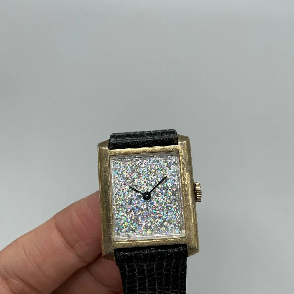 Vintage Womens Watch 24mm Multicolor Glitter Dial Gold Tone Tank Manual Wind